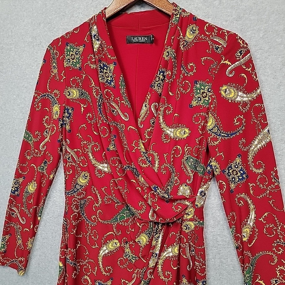 LAUREN RALPH LAUREN Paisley Pleated Surplice Faux Wrap Jersey Dress 6 Red Blue - Picture 2 of 12